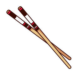 Groovy cartoon chopsticks for Asian food eating. Funny retro wooden sticks with stripe pattern decoration, cartoon traditional two bamboo chopsticks and sticker of 70s 80s style vector illustration