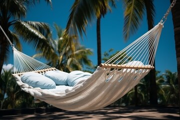 Tropical hammock under palm tree on beach with turquoise sea, ideal vacation spot for relaxation.