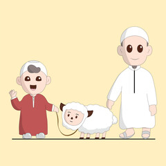qurban vector illustration logo boy and sheep simple concept happy eid adha flat illustration graphic design