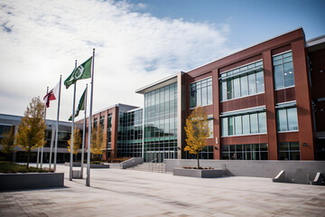 Fototapeta na wymiar Modern and Spacious High School Building with Courtyard and Flagpole