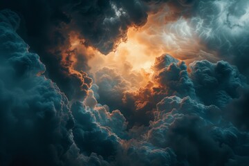 Dramatic close-up of unusual cloud formations, emphasizing the play of light and shadow, creating a moody and artistic effect - obrazy, fototapety, plakaty