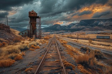 Eerie view of old mine shafts, with rusted tracks and crumbling structures, evoking a sense of forgotten history - obrazy, fototapety, plakaty