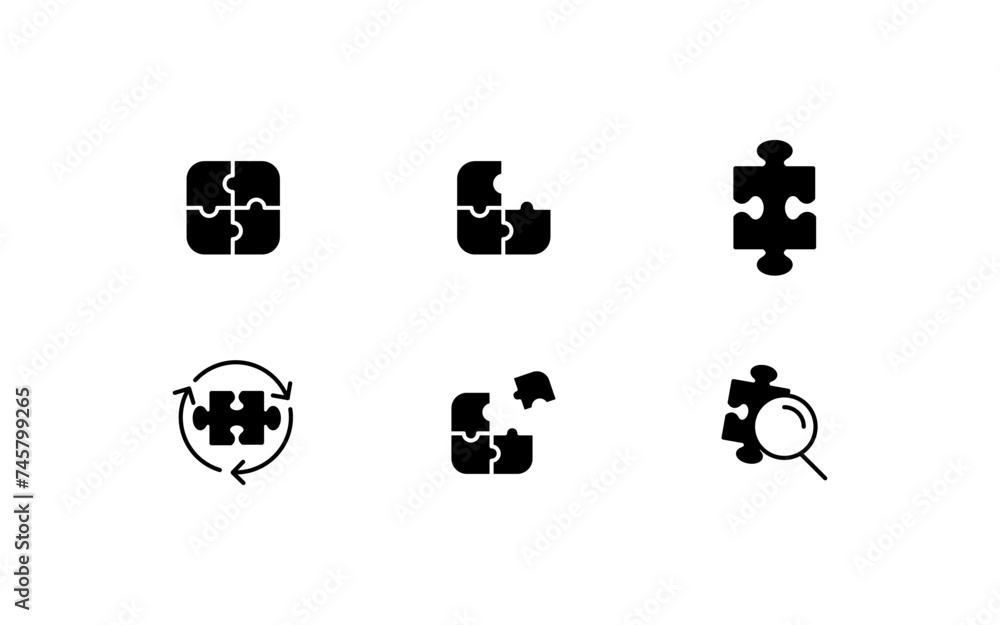 Poster puzzle icons set. silhouette, puzzles design, collection of puzzle icons of different shapes. vector