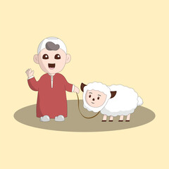 qurban vector illustration logo boy and sheep simple concept happy eid adha flat illustration graphic design
