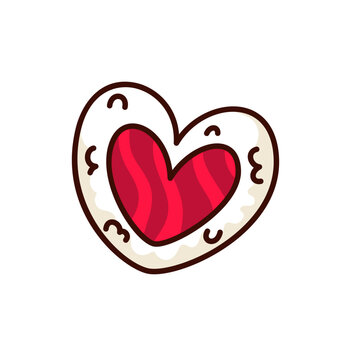 recommend clip art: Groovy cartoon sticker of heart cookie with red jam. Funny retro Valentines day and love mascot, cartoon Japanese food and shortbread cake decorative heart, badge of 70s 80s style vector illustration