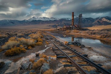 Eerie view of old mine shafts, with rusted tracks and crumbling structures, evoking a sense of forgotten history