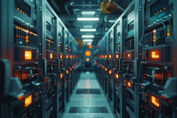 Rows of high-powered cryptocurrency mining rigs in a large data center, with a focus on the technology and scale