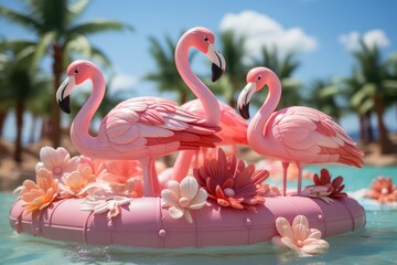 Summer vacation. Flamingo inflatable toy in swimming pool, palm trees, shell, water splash