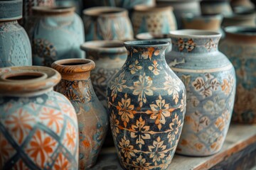 Close-up of the intricate patterns and textures on ancient pottery pieces, emphasizing their artistic and historical value