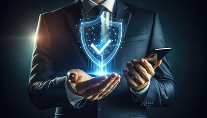 A businessman in a suit holds a digital holographic shield symbolizing cybersecurity and data protection with a smartphone in hand.
