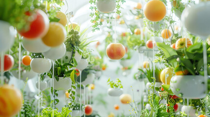 Uranus reimagined as a floating garden of fresh fruits and vegetables with zero gravity farming pods orbiting the planet