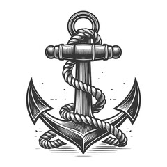 Anchor with rope sketch engraving generative ai raster illustration. Scratch board imitation. Black and white image.