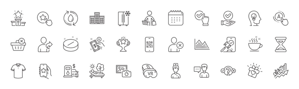 Person talk, Refill water and Medical tablet line icons. For web app, printing. Line icons. Vector