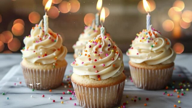 cupcakes with vanilla cream and candle light. birthday cupcakes with candles. seamless looping overlay 4k virtual video animation background