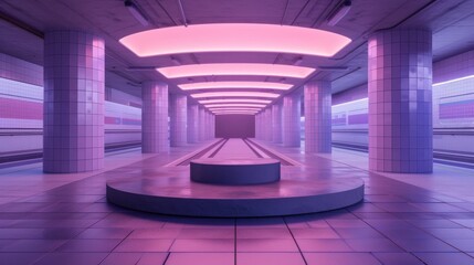 Futuristic Neon-Lit Underground Metro Station, A modern underground metro station bathed in pink and purple neon lighting, showcasing contemporary urban design.