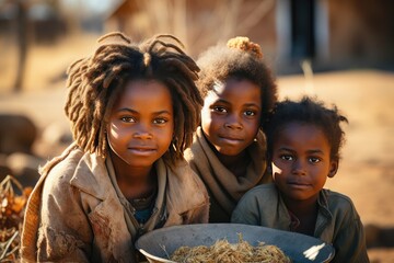 The problem of poverty and inequality. Happy african kids eating some sorghum porridge in village outdoor - obrazy, fototapety, plakaty