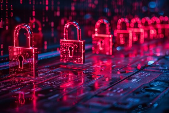 Visual concept of cybersecurity, with digital locks, firewalls, and code in a networked environment