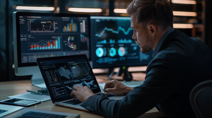 businessman sitting at desk working on his laptop, business person or data analyst looking at business statics, growth analysis, business concept, typing hands