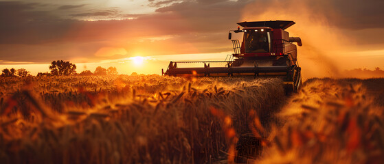 Combine harvester working on a wheat field at sunset.