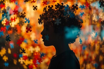 Child Silhouette with Autism Concept of Puzzle Pieces in Golden Light