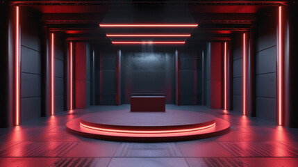 Red Neon Cube Display in Reflective Dark Room, A striking red neon cube display centered in a dark, reflective room, creating a bold and intense atmosphere for an avant-garde presentation.