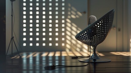 The interplay of shadows and highlights accentuates the contours of a futuristic chair and sleek microphone in a high-tech podcasting environment.