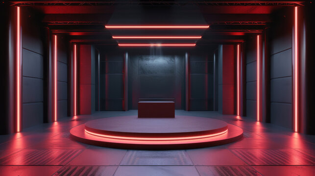 Red Neon Cube Display in Reflective Dark Room, A striking red neon cube display centered in a dark, reflective room, creating a bold and intense atmosphere for an avant-garde presentation.