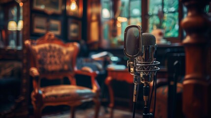 The polished surface of a vintage microphone reflects the elegant design of a classic wooden chair in a dimly lit recording studio.