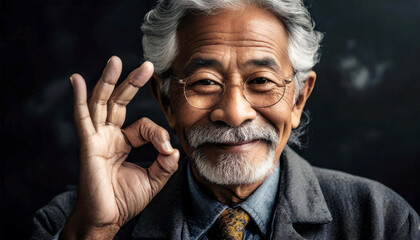 An elderly man with a mustache, beard and gray hair, makes the ok sign with his wrinkled hand while, looking at the camera. On dark background with dramatic light. Generative Ai.