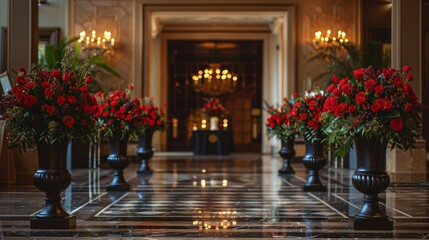 Elegant Interior with Red Roses in Luxurious Vases on Polished Marble Flooring - Floral Decor in Upscale Venue - obrazy, fototapety, plakaty