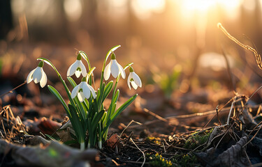 A snowdrop bush bloomed, flowers on the sunlit edge of the forest. The concept of spring and the awakening of nature. The bokeh effect in the background.