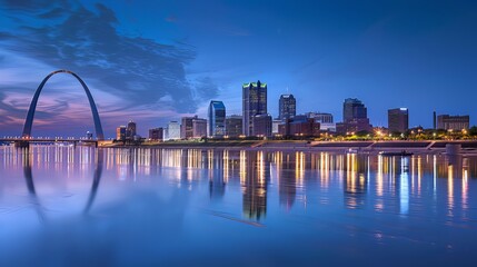 St. Louis downtown is bathed in twilight's soft glow, showcasing its vibrant charm in the USA