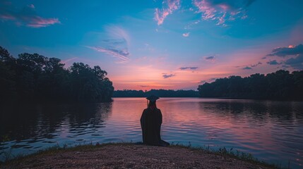 Tranquil Sunrise Scenery with Silhouette of Person in Graduation Attire Reflecting by Peaceful Lake