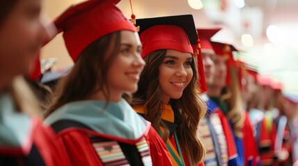 Smiling Female Graduate in Cap and Gown Among Peers at University Commencement Ceremony