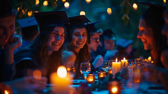 Joyful Graduation Celebration Event with Happy Students in Cap and Gown Enjoying Candlelit Dinner