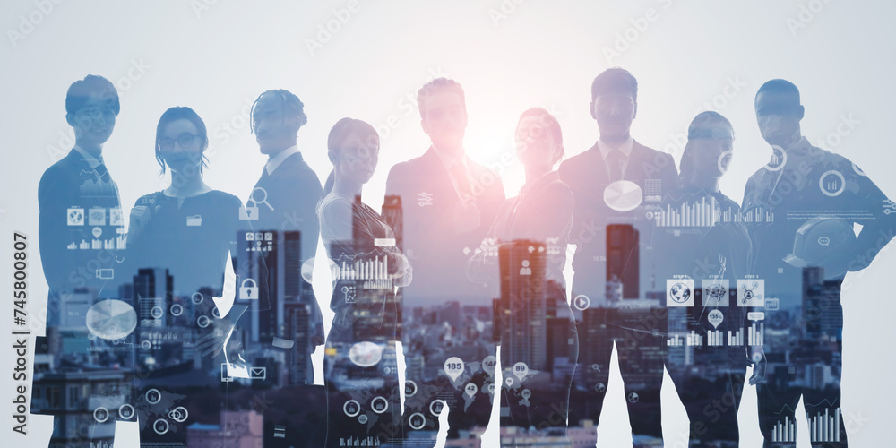 Poster group of multinational business people and statistics data concept. management strategy. human resou