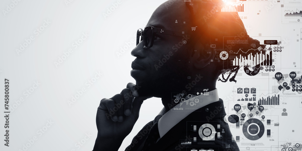Poster Thinking black man and statistical data concept. AI(Artificial Intelligence).