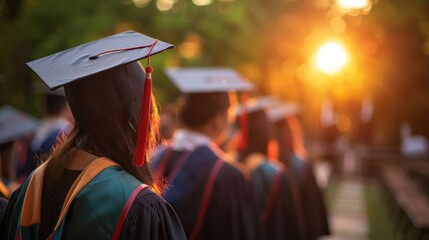 Graduation Ceremony with Graduates Wearing Caps and Gowns Walking in Procession at Sunset — Academic Success Concept