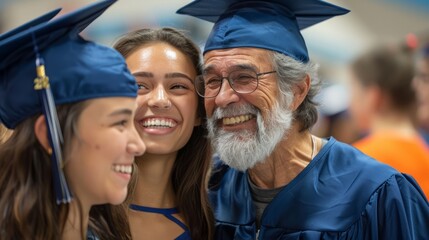 Fototapeta premium Joyful Multigenerational Graduation Celebration with Happy Elderly Man and Young Women in Caps and Gowns