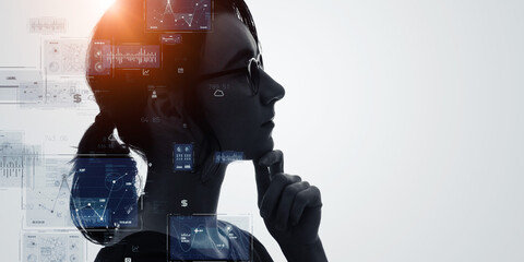 Thinking woman and digital technology concept. AI(Artificial Intelligence).