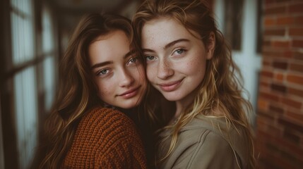 Portrait of Two Young Women with Freckles Embracing Near Brick Wall, Expressing Friendship and Warmth.