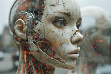 An image of the head of a female robot. The concept of the future. 3d illustration