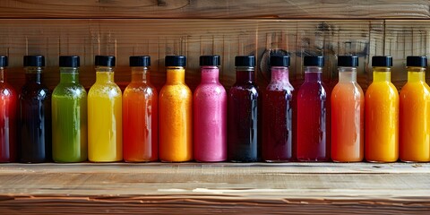 Colorful glass bottled fruit juices arranged beautifully creating an appealing presentation. Concept Food Photography, Colorful Juices, Glass Bottles, Presentation, Vibrant Fruits - obrazy, fototapety, plakaty