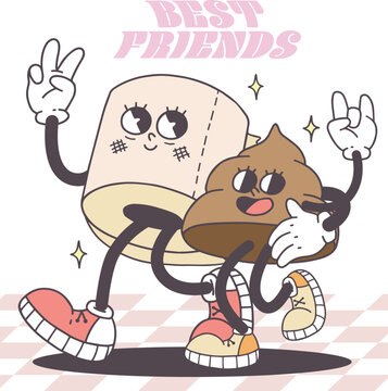 Groovy cartoon retro poop and toilet paper characters