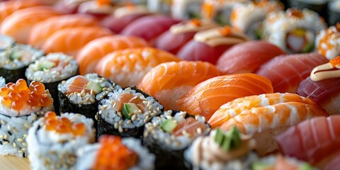 Savor the Delightful Array of Traditional Sushi Delicacies and Flavors. Concept Sushi Varieties, Traditional Delicacies, Fresh Ingredients, Japanese Cuisine, Flavorful Creations