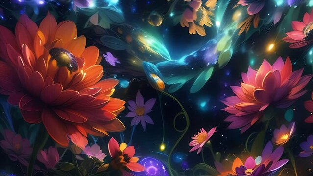 Abstract illustrated pollinating cosmic spring summer beautiful flowers in pink and colored shades in a surreal garden among the stars