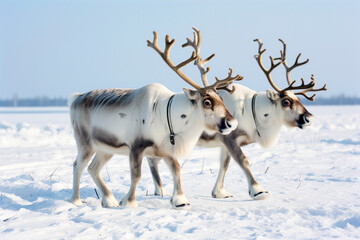 Two graceful reindeer are captured here against the backdrop of a clear winter sky and snow-covered ground - Powered by Adobe