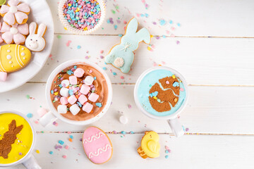 Hot sweet drinks for Easter party, breakfast, lunch. Easter menu. Pink, yellow, blue, brown...