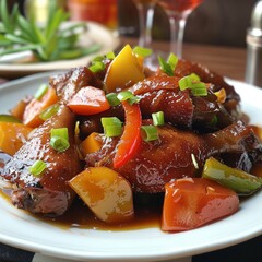 Side view of sweet and sour duck with vegetables and pepper on plate