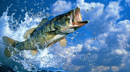 Largemouth Bass Jumping Out of Water, A dynamic image capturing a largemouth bass fish leaping out of the water with splashing droplets, set against a blue sky.